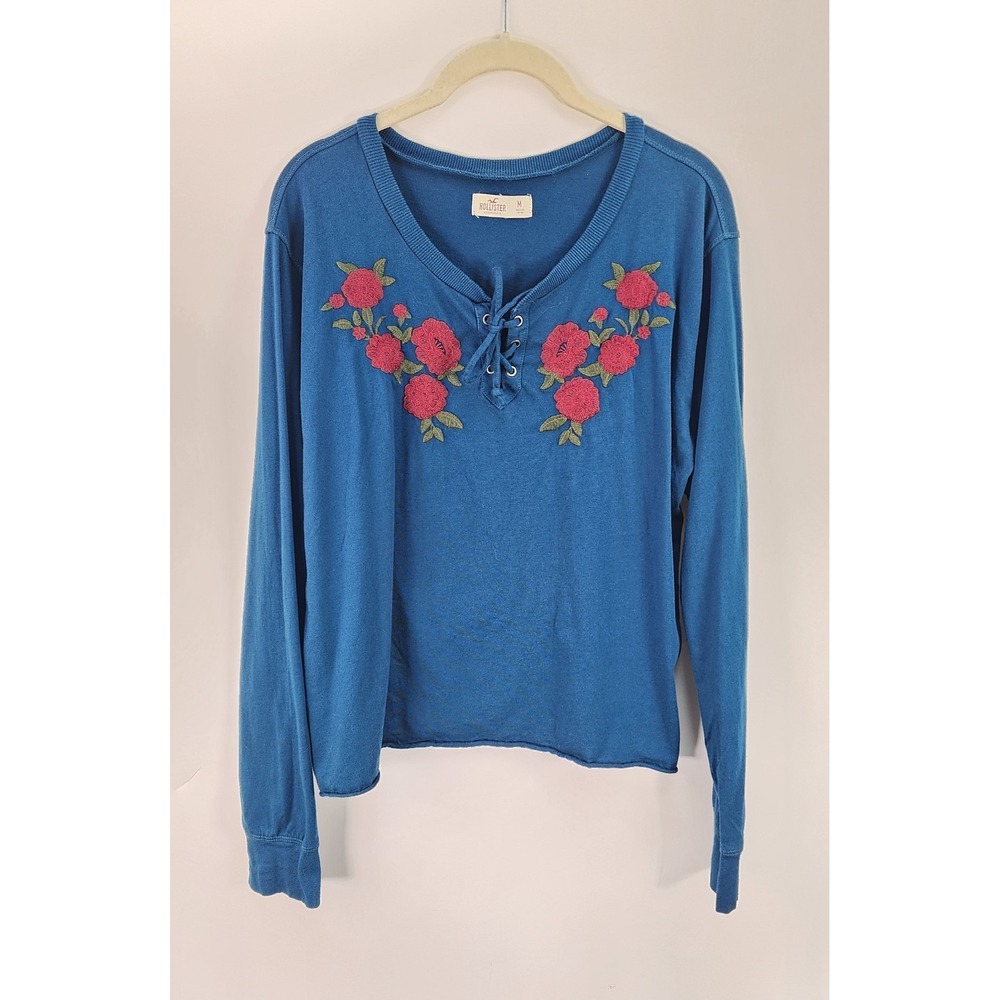 Hollister Embroidered Top Women's M Deep Teal Blue Y2K Raw Hem Floral